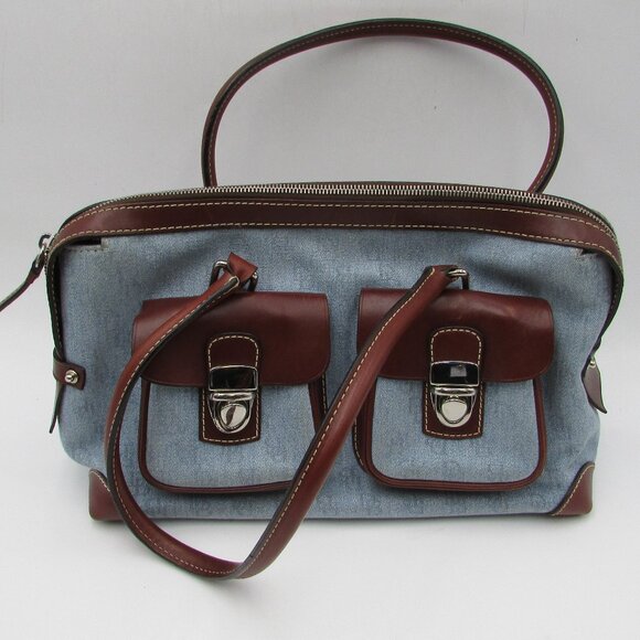 Dooney & Bourke Handbags - Dooney And Bourke Handbag Double Pocket Bag Denim & Chocolate Leather Handles